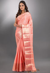 Peach Brocade Kanjivaram Silk Saree With Blouse Piece - Adi Akshoy & Co.