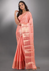 Peach Brocade Kanjivaram Silk Saree With Blouse Piece - Adi Akshoy & Co.