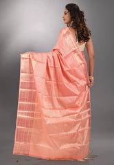 Peach Brocade Kanjivaram Silk Saree With Blouse Piece - Adi Akshoy & Co.