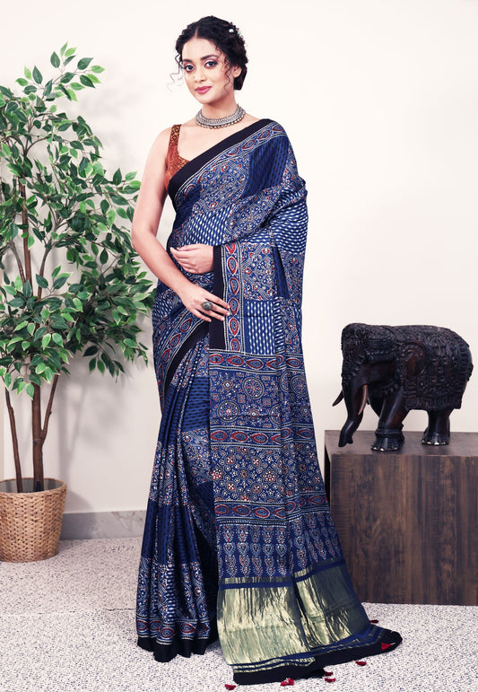 Navy Blue Ajrakh print in Modal Silk Saree With Blouse Piece