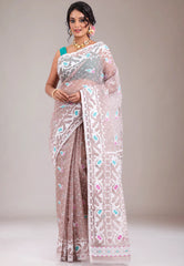 Light Brown Dhakai Jamdani Cotton Saree without Blouse Piece - Adi Akshoy & Co.