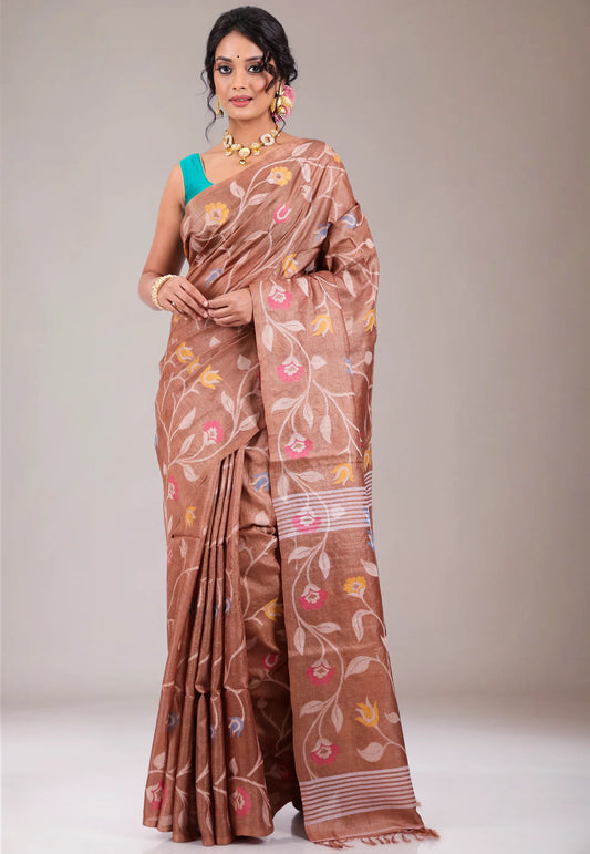 Brown Pure Tussar Dhakai Jamdani Saree with Blouse Piece