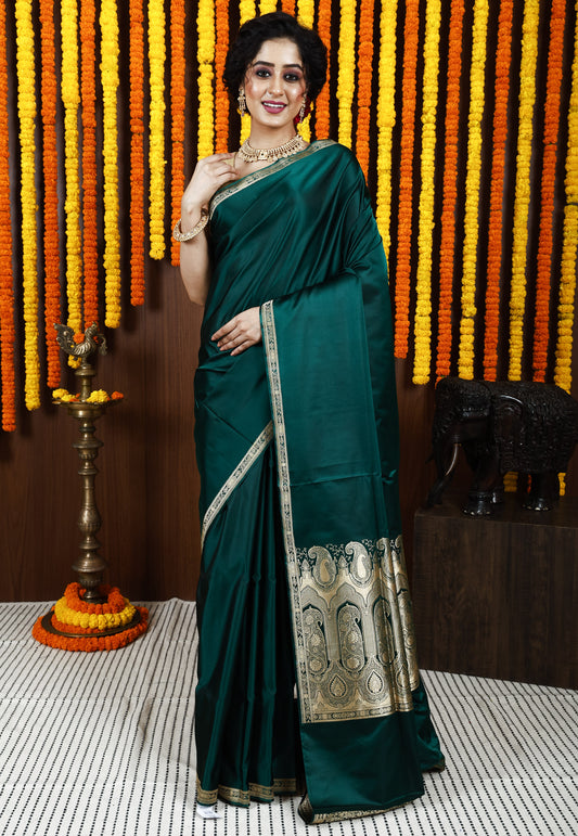 Bottle Green Kadwa Pure Silk Banarasi Saree with Blouse Piece