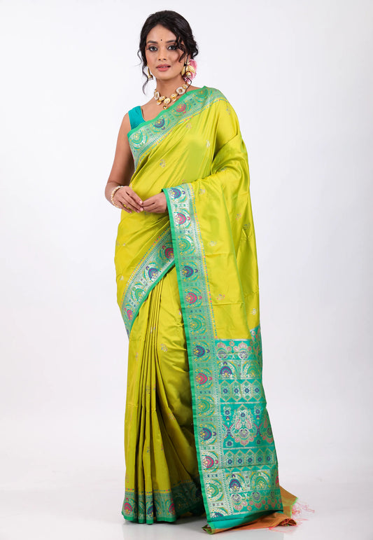 Parrot Green with Sea Green Border Kanjivaram Silk Saree With Blouse Piece - Adi Akshoy & Co.