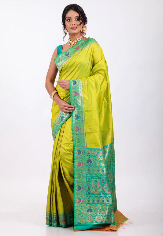 Parrot Green with Sea Green Border Kanjivaram Silk Saree With Blouse Piece - Adi Akshoy & Co.