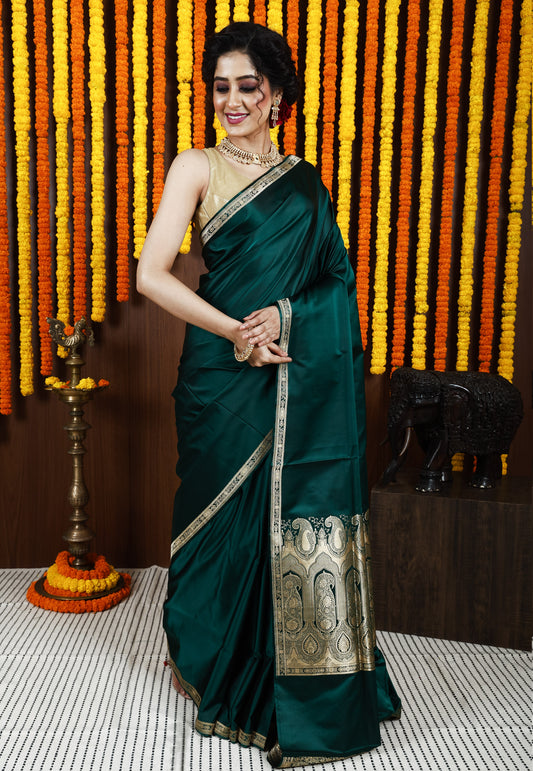 Bottle Green Kadwa Pure Silk Banarasi Saree with Blouse Piece