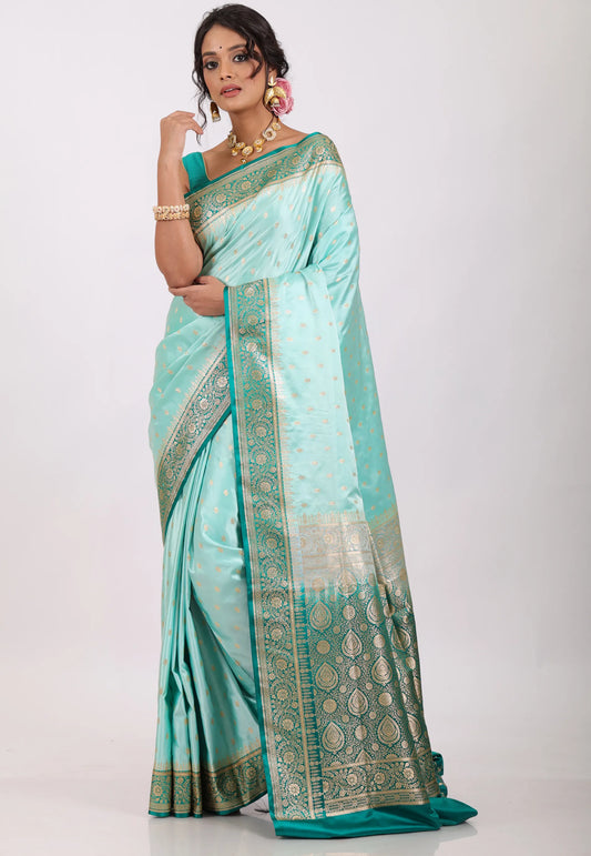 Sky Blue with Zari work Pastel Banarasi Saree With Blouse Piece - Adi Akshoy & Co.
