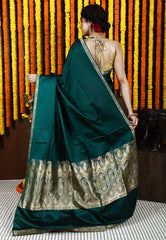 Bottle Green Kadwa Pure Silk Banarasi Saree with Blouse Piece