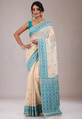 Off White Tussar Silk Saree with Blouse Piece - Adi Akshoy & Co.