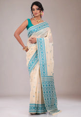 Off White Tussar Silk Saree with Blouse Piece - Adi Akshoy & Co.