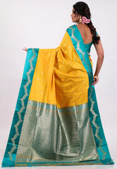 Yellow with Rama Green Border Kanjivaram Silk Saree With Blouse Piece - Adi Akshoy & Co.