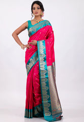 Rani Pink with Rama Green Border Kanjivaram Silk Saree With Blouse Piece - Adi Akshoy & Co.