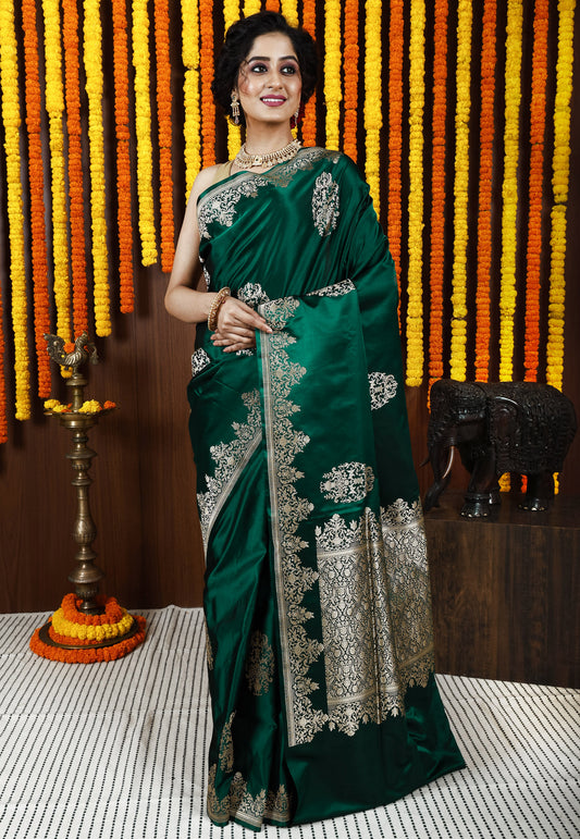 Bottle Green Kadwa Pure Silk Banarasi Saree with Blouse Piece