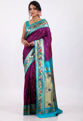 Magenta with Sky Blue Border Paithani Silk Saree With Blouse Piece - Adi Akshoy & Co.