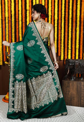 Bottle Green Kadwa Pure Silk Banarasi Saree with Blouse Piece