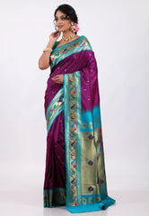 Magenta with Sky Blue Border Paithani Silk Saree With Blouse Piece - Adi Akshoy & Co.