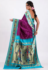 Magenta with Sky Blue Border Paithani Silk Saree With Blouse Piece - Adi Akshoy & Co.