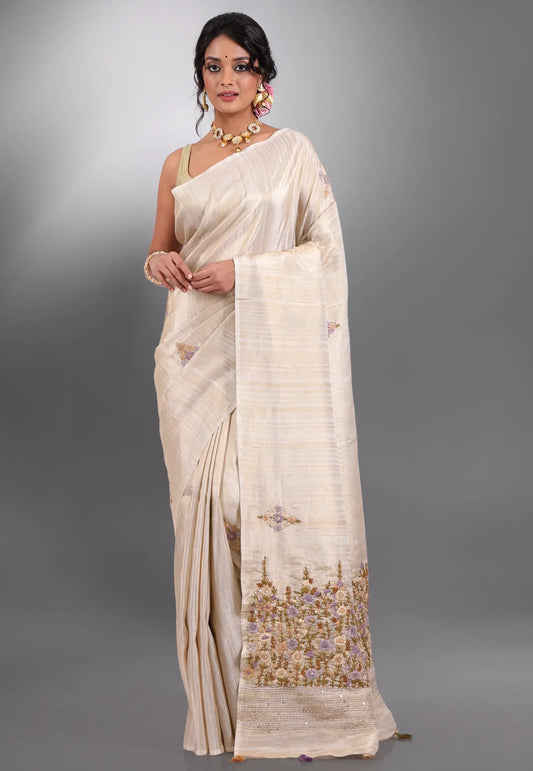Beige Handwoven Kantha Silk Saree With Blouse Piece - Adi Akshoy & Co.