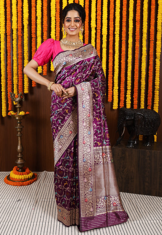 Purple Minakari Kadwa Pure Silk Banarasi Saree with Blouse Piece