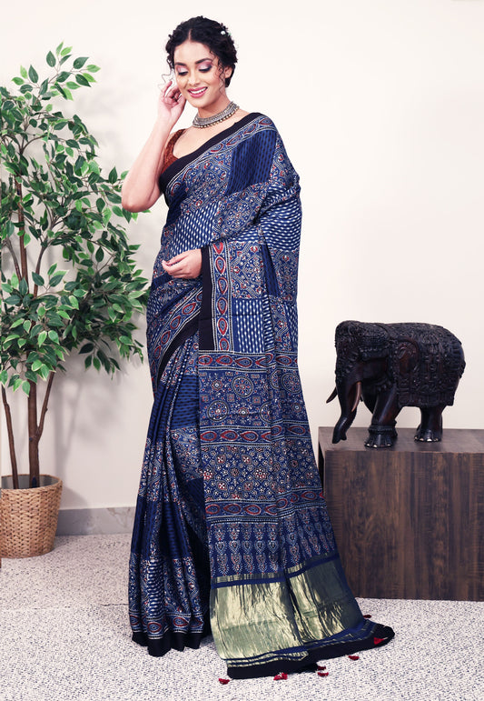 Navy Blue Ajrakh print in Modal Silk Saree With Blouse Piece