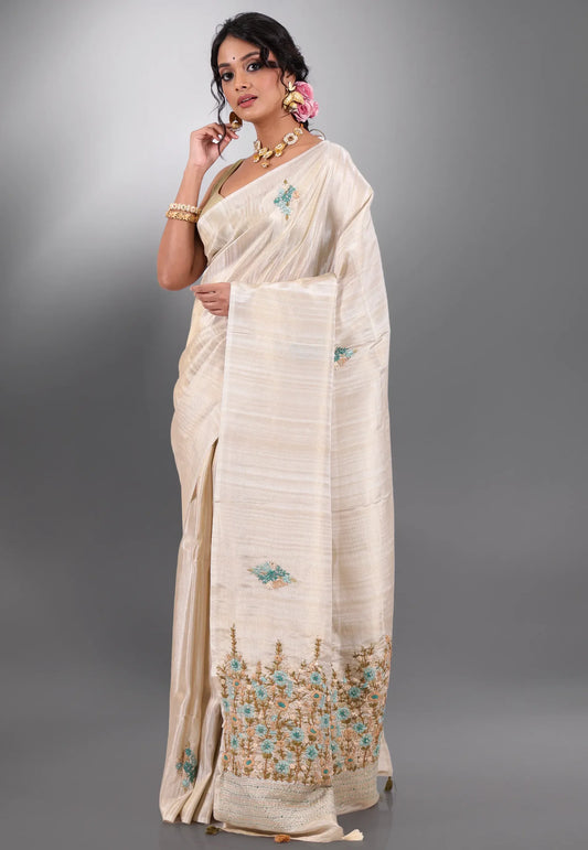 Tussar Colour Handwoven Kantha Silk Saree With Blouse Piece - Adi Akshoy & Co.