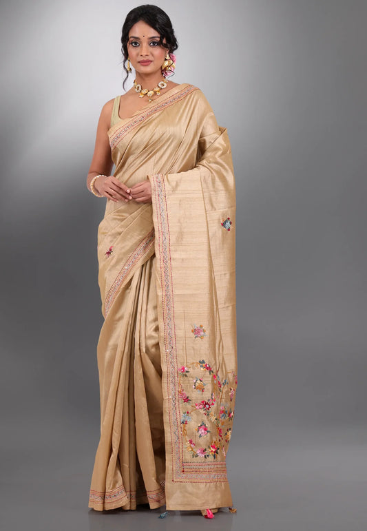 Tussar Colour Handwoven Kantha Silk Saree With Blouse Piece- Adi Akshoy & Co.