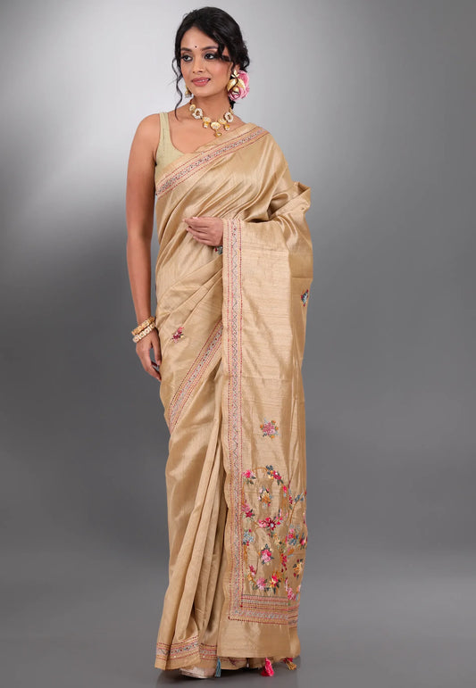 Tussar Colour Handwoven Kantha Silk Saree With Blouse Piece- Adi Akshoy & Co.