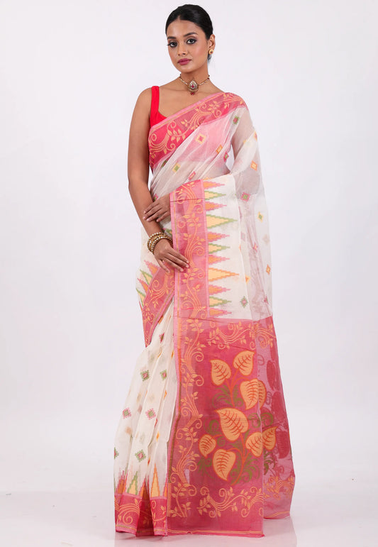 White Dhakai Jamdani Cotton Saree without Blouse Piece - Adi Akshoy & Co.