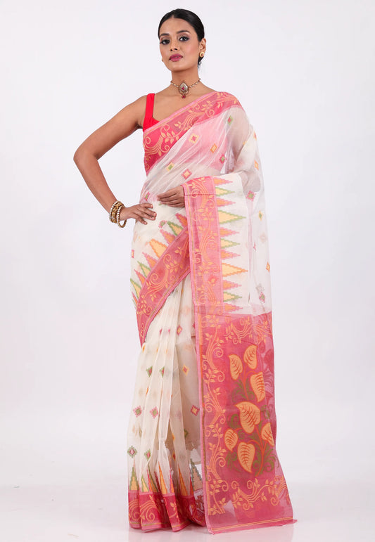 White Dhakai Jamdani Cotton Saree without Blouse Piece - Adi Akshoy & Co.