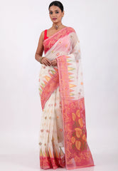 White Dhakai Jamdani Cotton Saree without Blouse Piece - Adi Akshoy & Co.