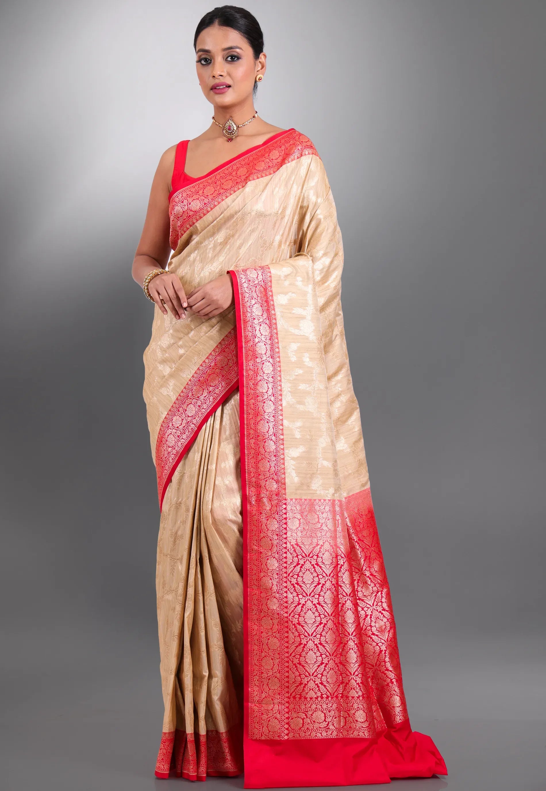 Tussar Colour with Red Border Tussar Silk Saree with Blouse Piece - Adi Akshoy & Co.