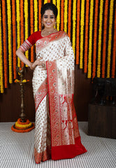 Cream with Red Minakari Korial Banarasi Silk Saree With Blouse Piece