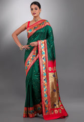 Bottle Green Paithani Silk Saree With Blouse Piece - Adi Akshoy & Co.