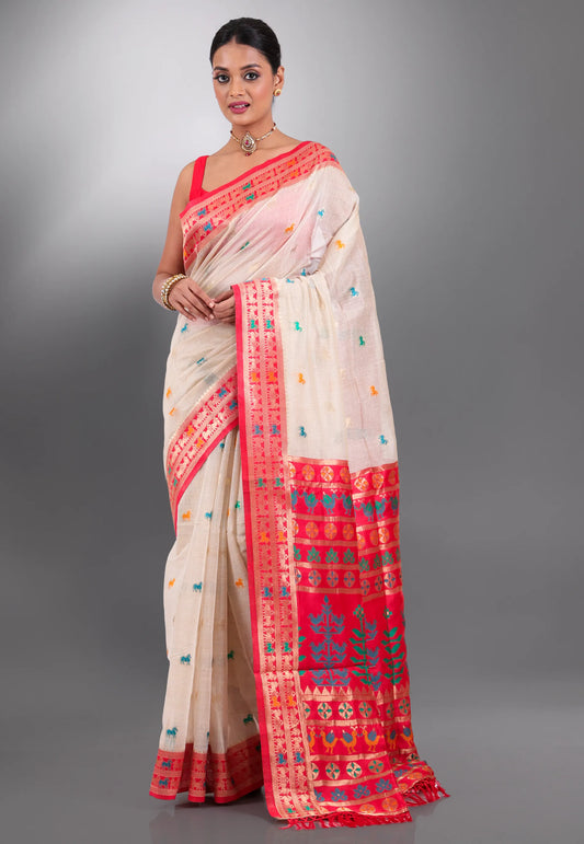 Off White with Red Border Tussar Silk Saree with Blouse Piece - Adi Akshoy & Co.