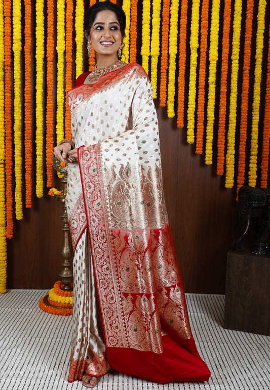 Cream with Red Minakari Korial Banarasi Silk Saree With Blouse Piece