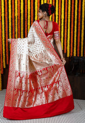 Cream with Red Minakari Korial Banarasi Silk Saree With Blouse Piece