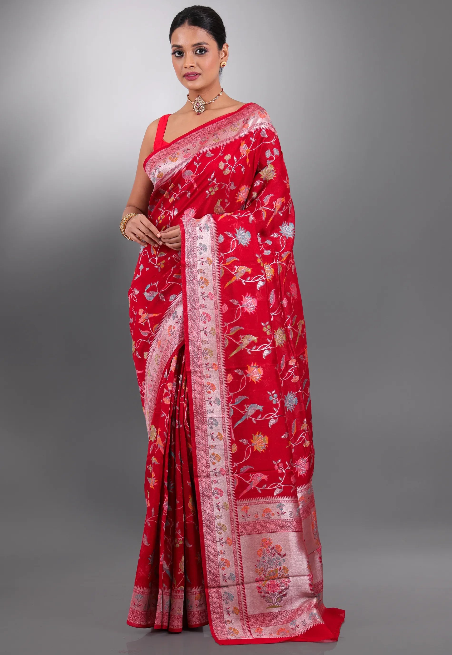 Red Tussar Silk Saree with Blouse Piece - Adi Akshoy & Co.