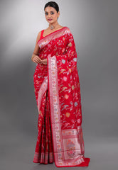 Red Tussar Silk Saree with Blouse Piece - Adi Akshoy & Co.