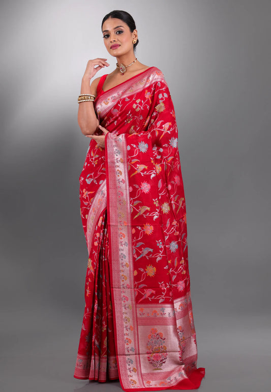 Red Tussar Silk Saree with Blouse Piece - Adi Akshoy & Co.