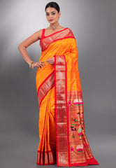 Yellow with Red Border Pure Paithani Silk Saree With Blouse Piece - Adi Akshoy & Co.