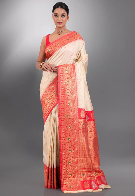 Beige with Red Border Kanjivaram Silk Saree With Blouse Piece - Adi Akshoy & Co.