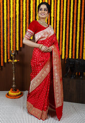 Red Wedding Banarasi Silk Saree with Blouse Piece