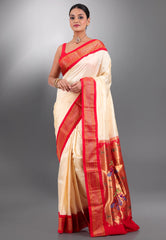 Cream with Red Border Pure Paithani Silk Saree With Blouse Piece - Adi Akshoy & Co.