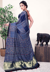 Navy Blue Ajrakh print in Modal Silk Saree With Blouse Piece