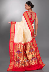 Cream with Red Border Pure Paithani Silk Saree With Blouse Piece - Adi Akshoy & Co.
