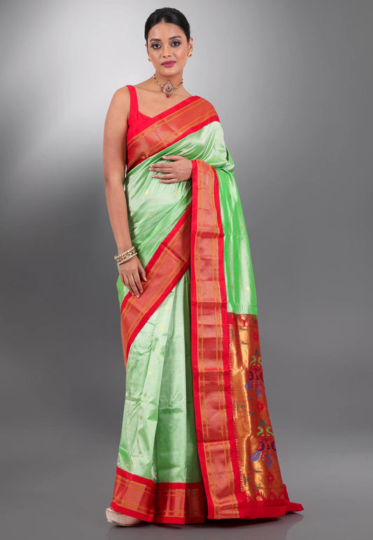Parrot Green with Red Border Pure Paithani Silk Saree With Blouse Piece - Adi Akshoy & Co.
