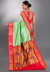 Parrot Green with Red Border Pure Paithani Silk Saree With Blouse Piece - Adi Akshoy & Co.