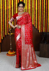 Red Wedding Banarasi Silk Saree with Blouse Piece