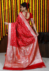 Red Wedding Banarasi Silk Saree with Blouse Piece