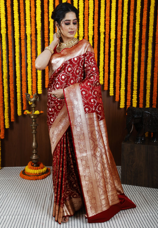 Maroon Wedding Banarasi Silk Saree with Blouse Piece